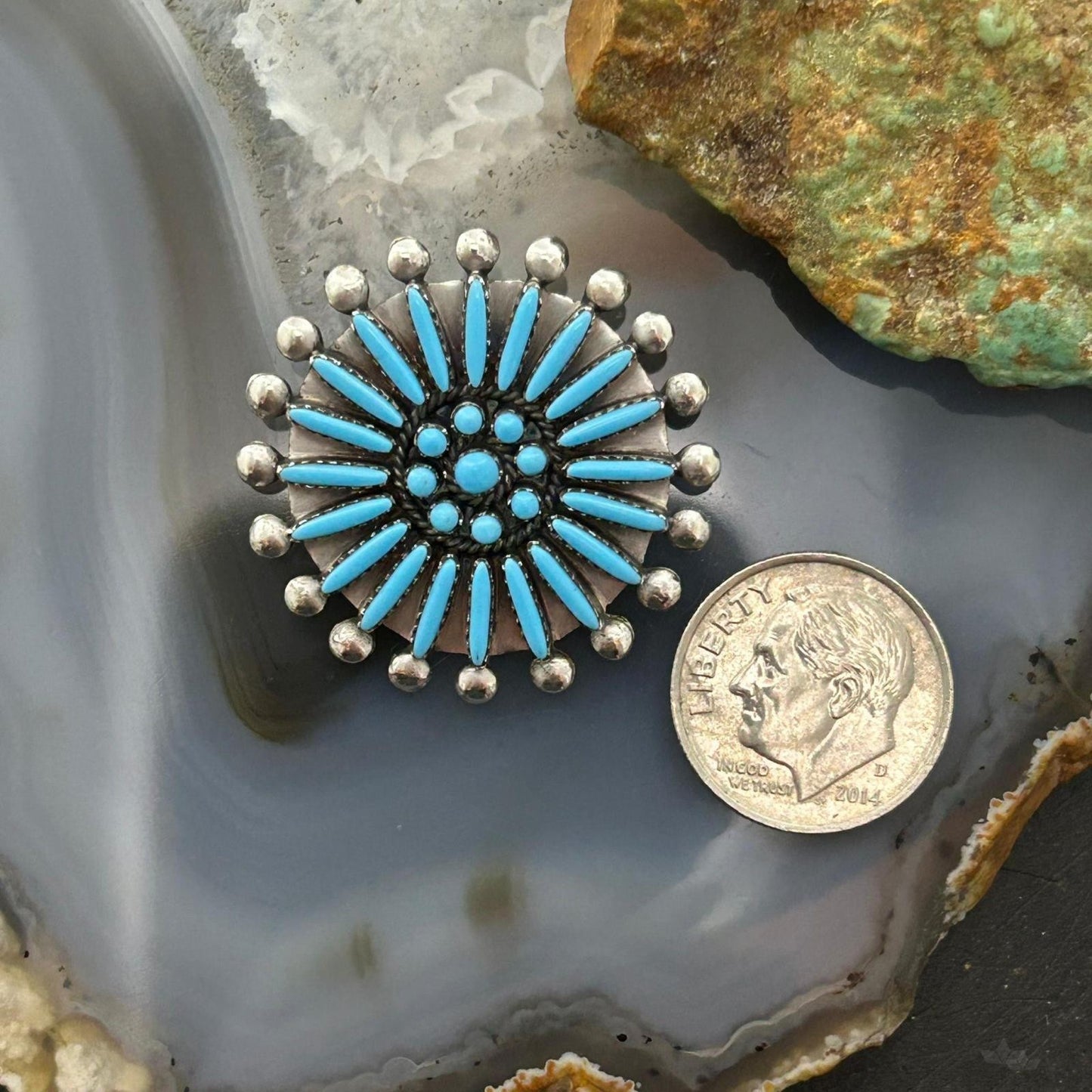 Sibert Bowannie Zuni Native American Sterling Silver Needlepoint Turquoise Brooch For Women