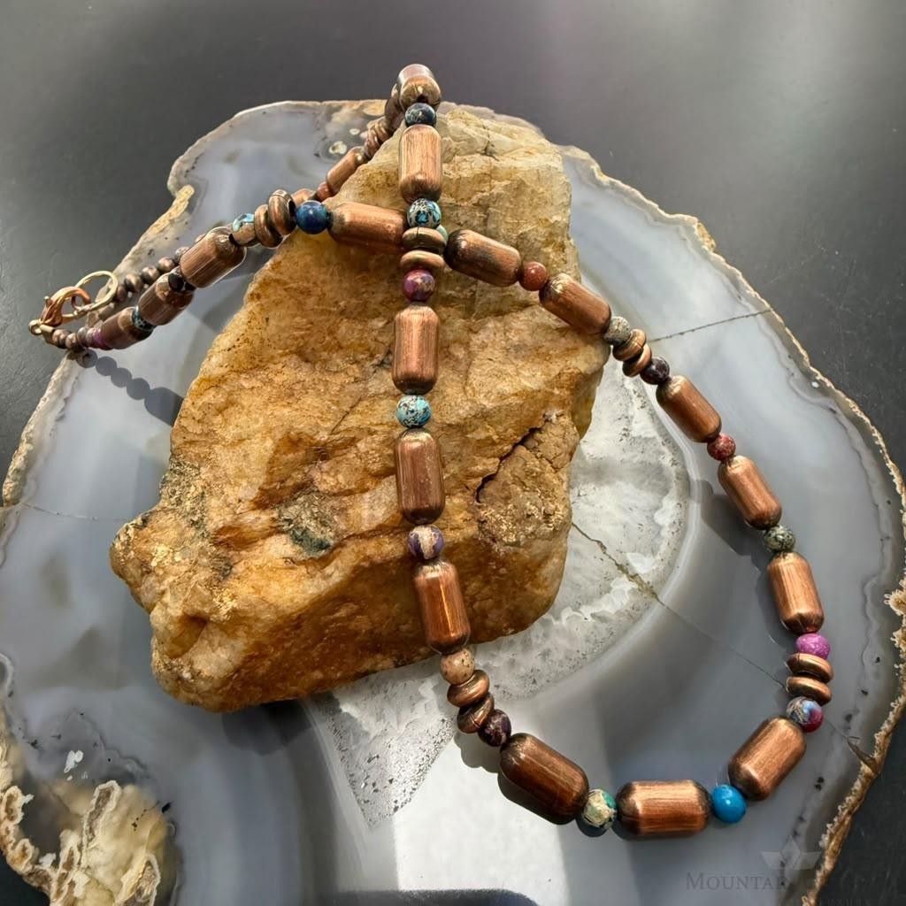 Southwestern Style Copper Navajo Pearl & Cylinder w/Multistone 18" Necklace #2