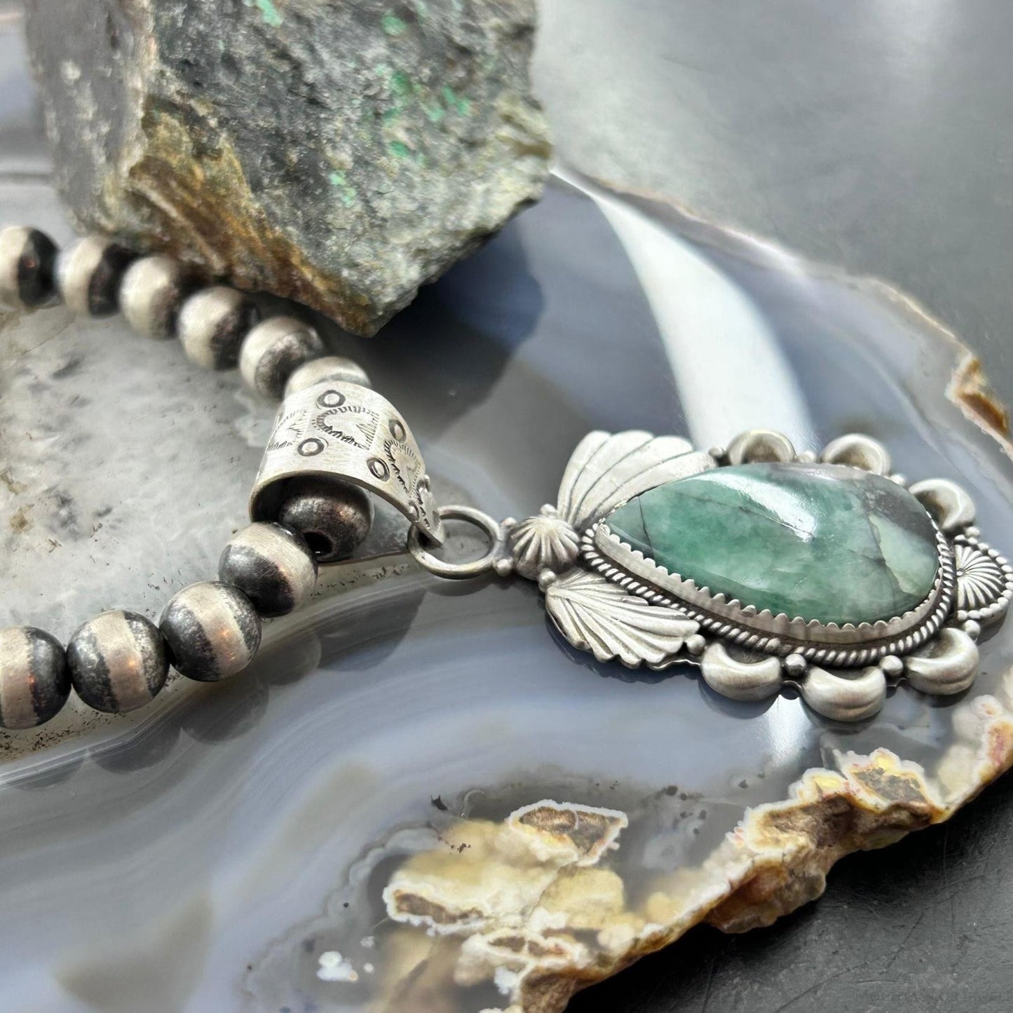 Sterling Silver Southwestern Style Teardrop Emerald Decorated Pendant For Women