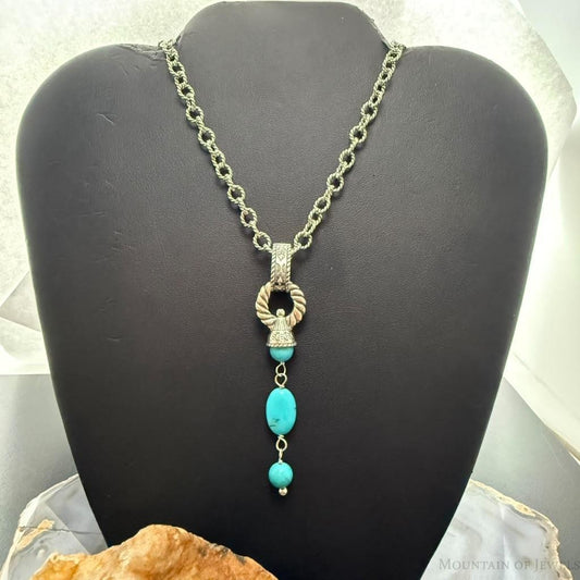 Carolyn Pollack Sterling Silver Turquoise Pendant on Rope Link Chain Necklace For Women