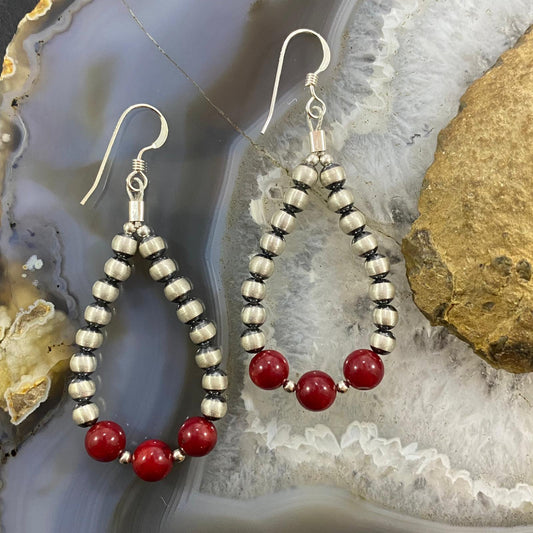 Navajo Pearl & Bamboo Coral Bead Graduated 4-6 mm Sterling Hoop Dangle Earrings