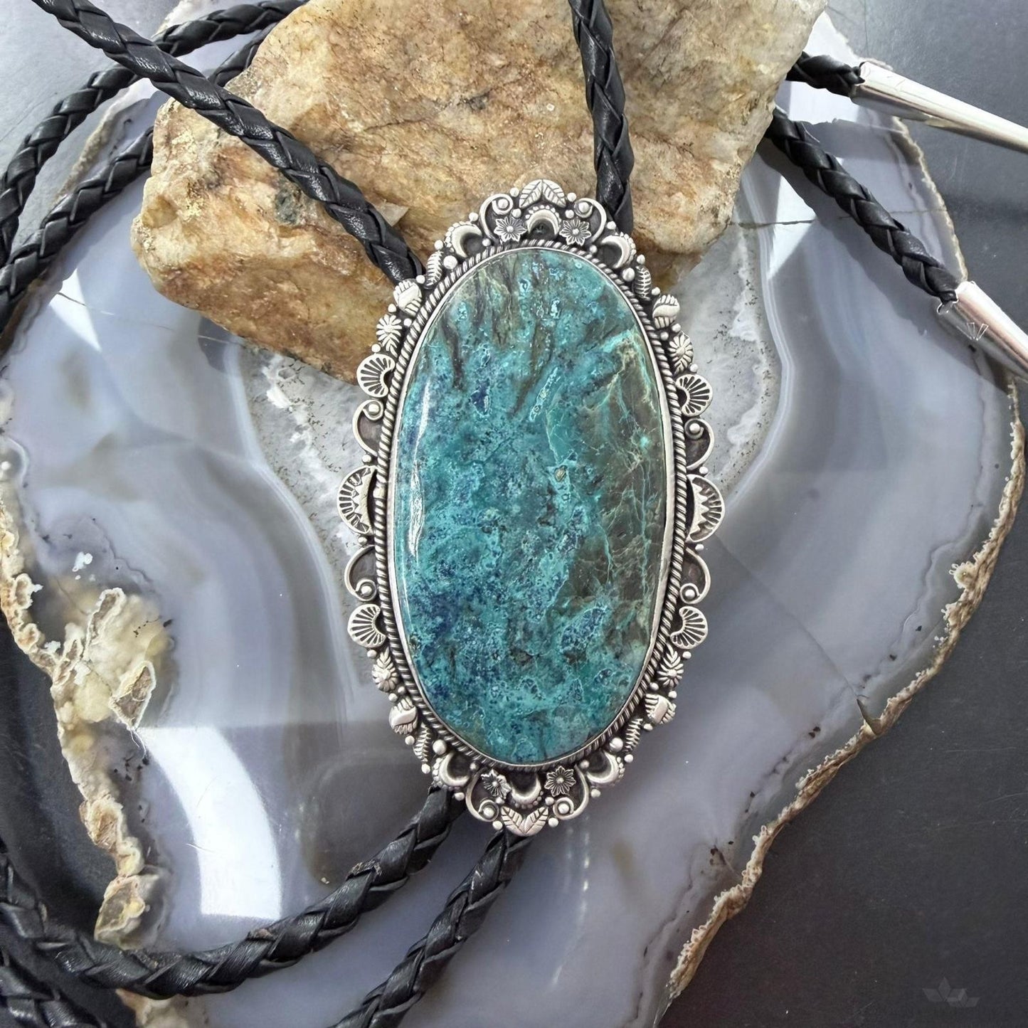 Sterling Silver Southwestern Style Large Oval Chrysocolla Bolo Tie For Men