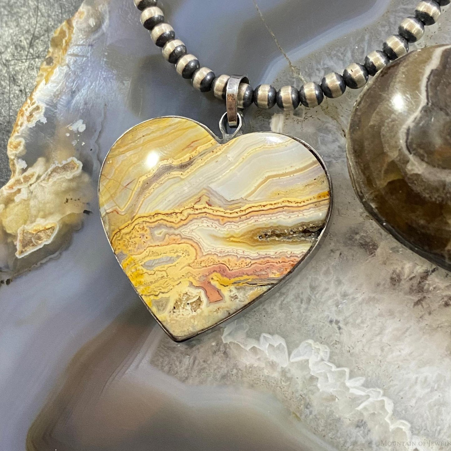 Heart Shape Crazy Lace Agate Pendant For Women Set in Stainless Steel #111