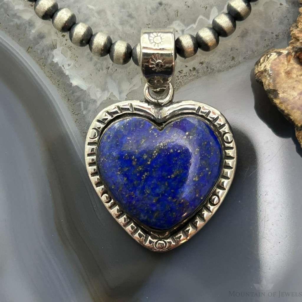 Sterling Silver Southwestern Style Lapis Heart Decorated Pendant For Women #4