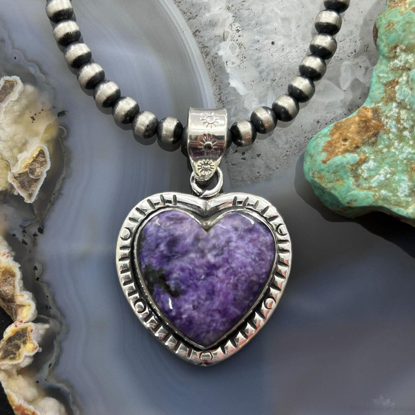 Sterling Silver Southwestern Style Charoite Heart Decorated Pendant For Women