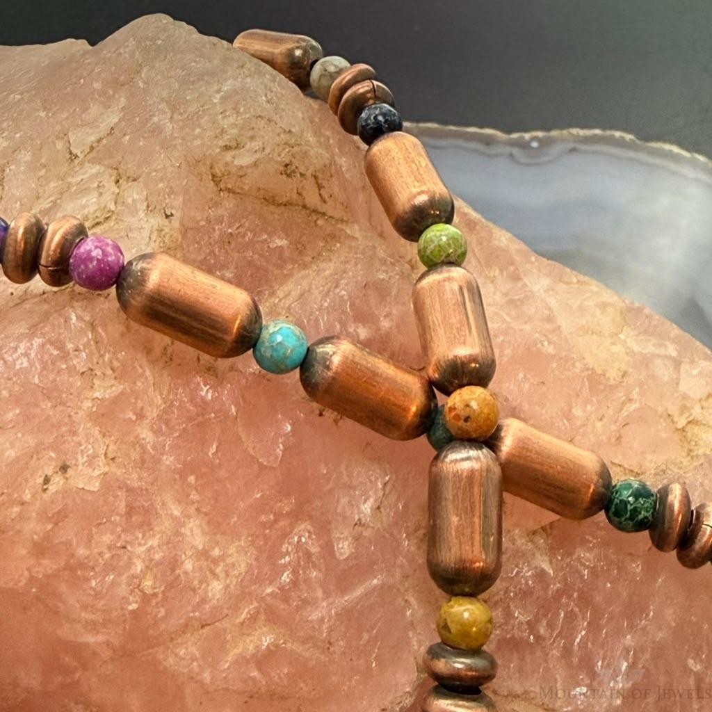 Southwestern Style Copper Navajo Pearl Round &Cylinder w/Multistone 18" Necklace For Women
