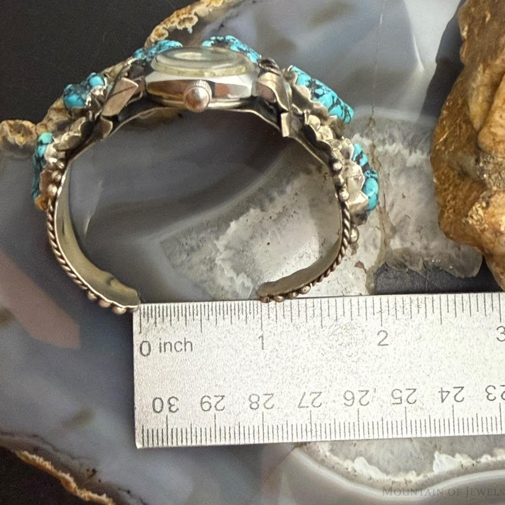Vintage Steven B Native American Silver Rough Turquoise Watch Bracelet For Women