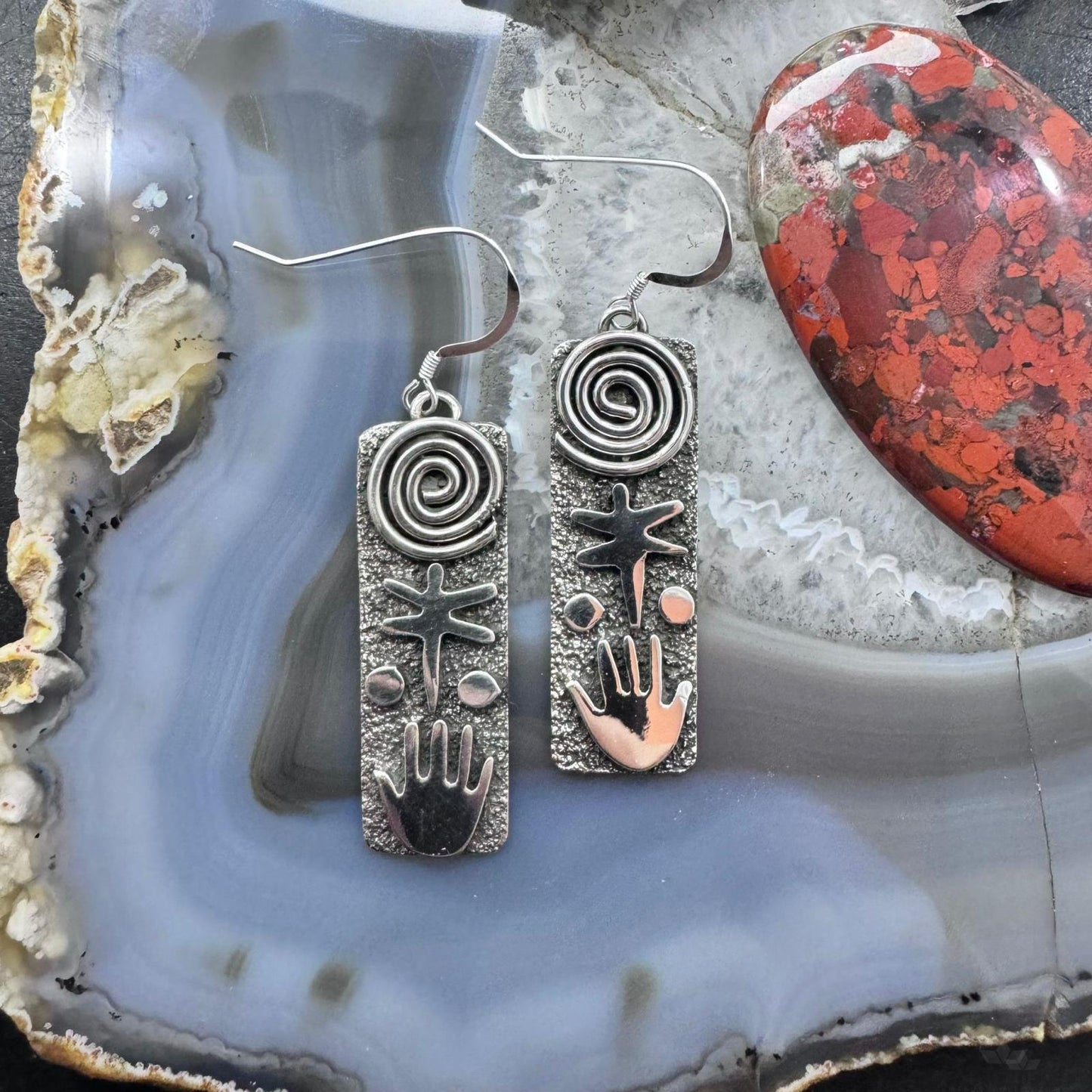 Alex Sanchez Sterling Silver Rectangle Petroglyph Dangle Earrings For Women #1