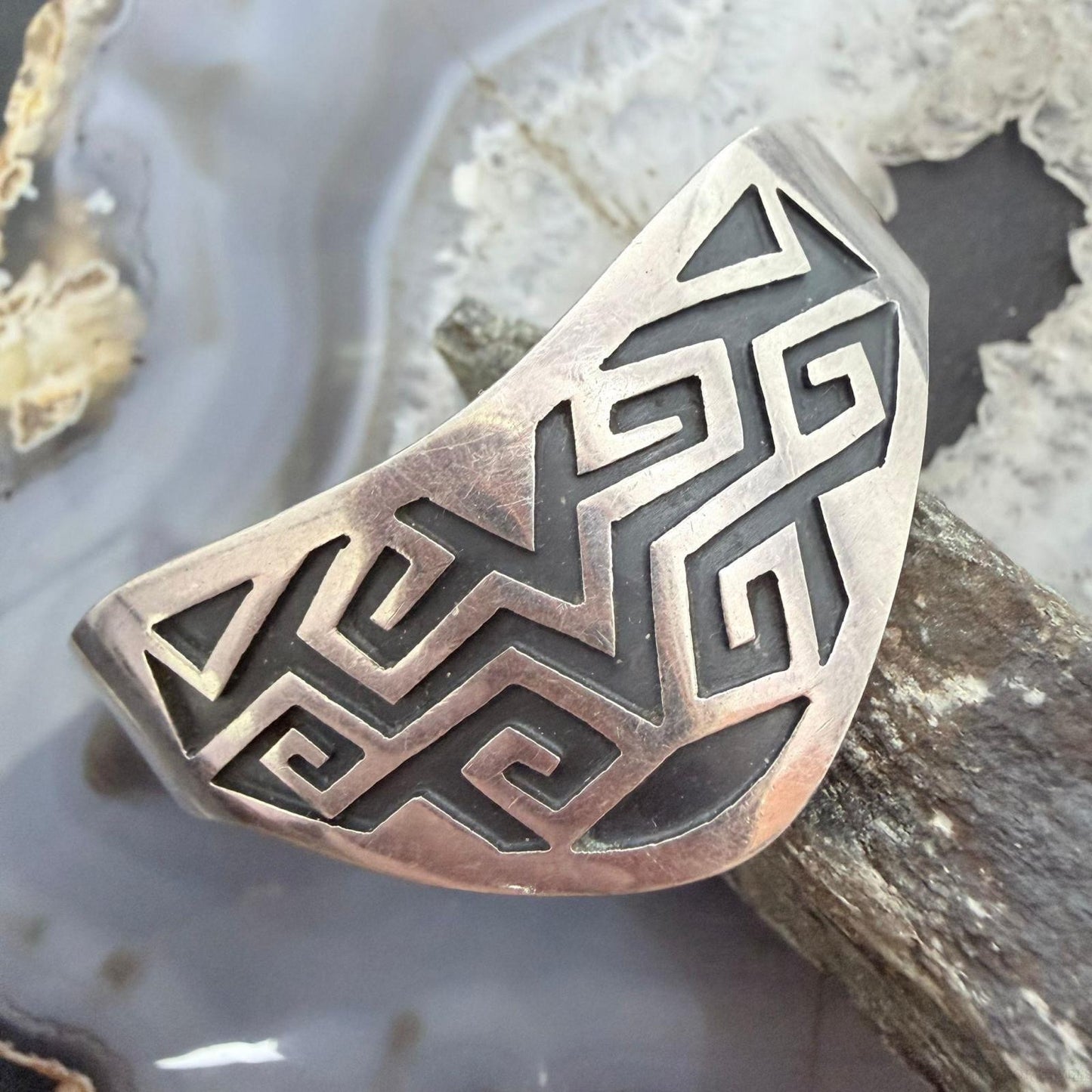 Vintage Sterling Silver Geometrical Motif Overlay Bracelet For Women, Taxco Mexico