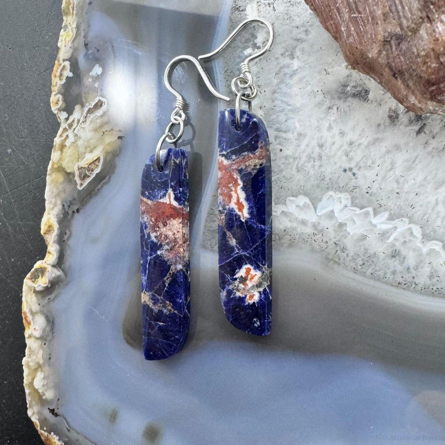 Sterling Silver Elongated Tilde Shape Blue Sodalite Slab Dangle Earrings For Women #230