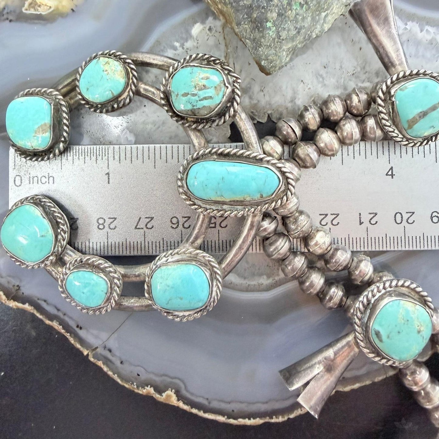 Vintage Native American Sterling Silver Kingman Turquoise Squash Blossom For Women