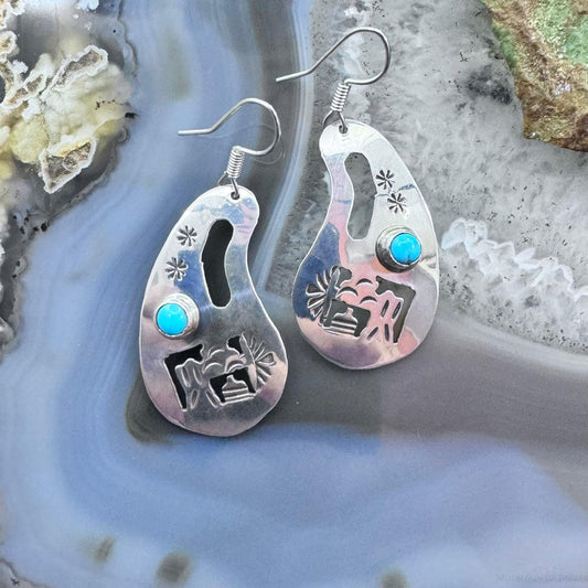 Native American Sterling Silver Cutout SW Motifs w/Turquoise Dangle Earrings For Women