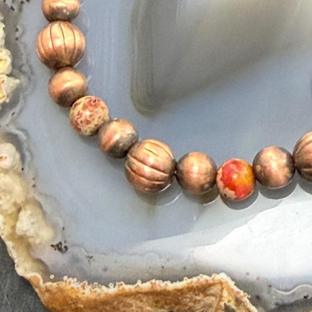 Southwestern Style Copper 6-8mm Navajo Pearl Beads & 6mm Jasper Stretch Bracelet For Women