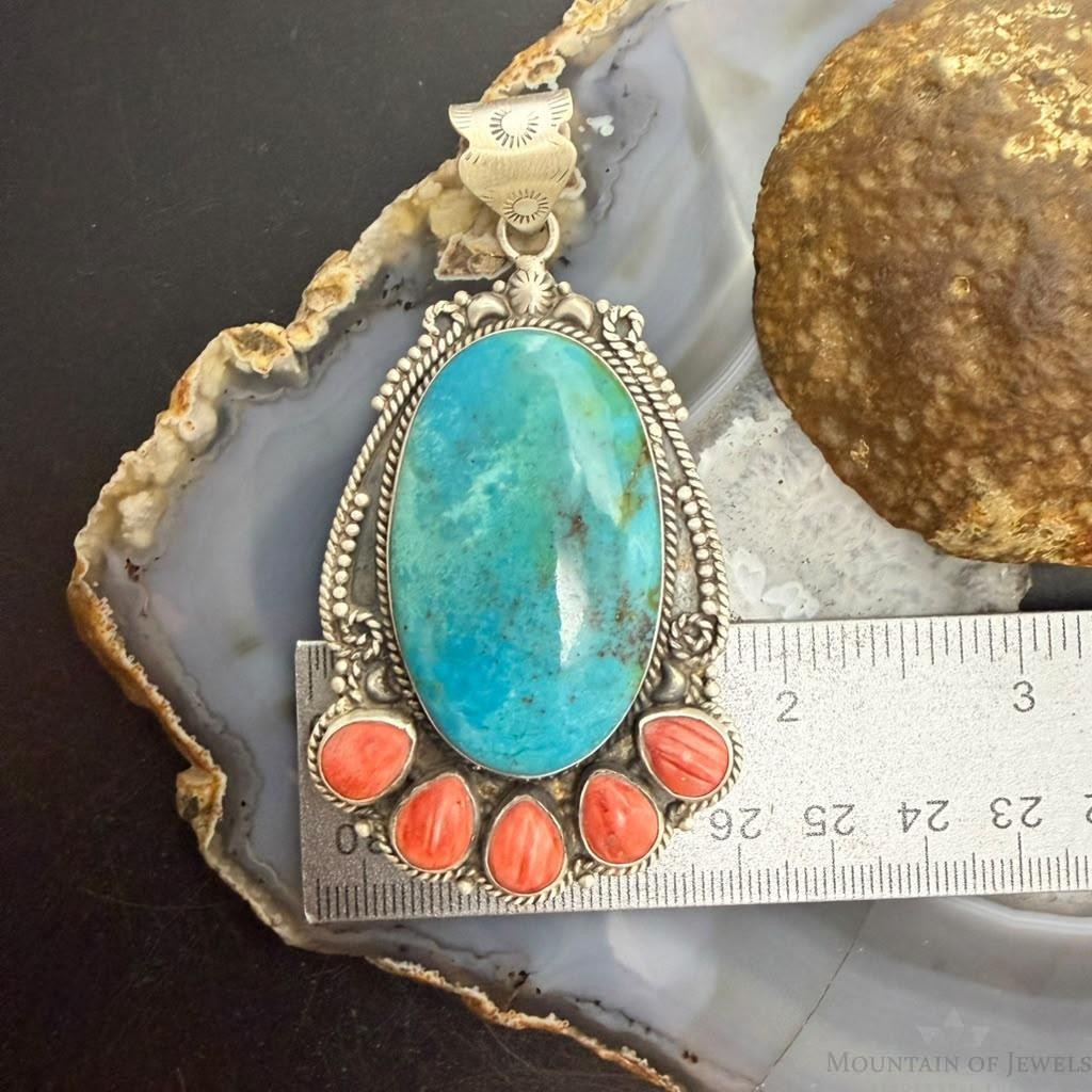 Sterling Silver Southwestern Style Oval Turquoise & Spiny Oyster Decorated Pendant