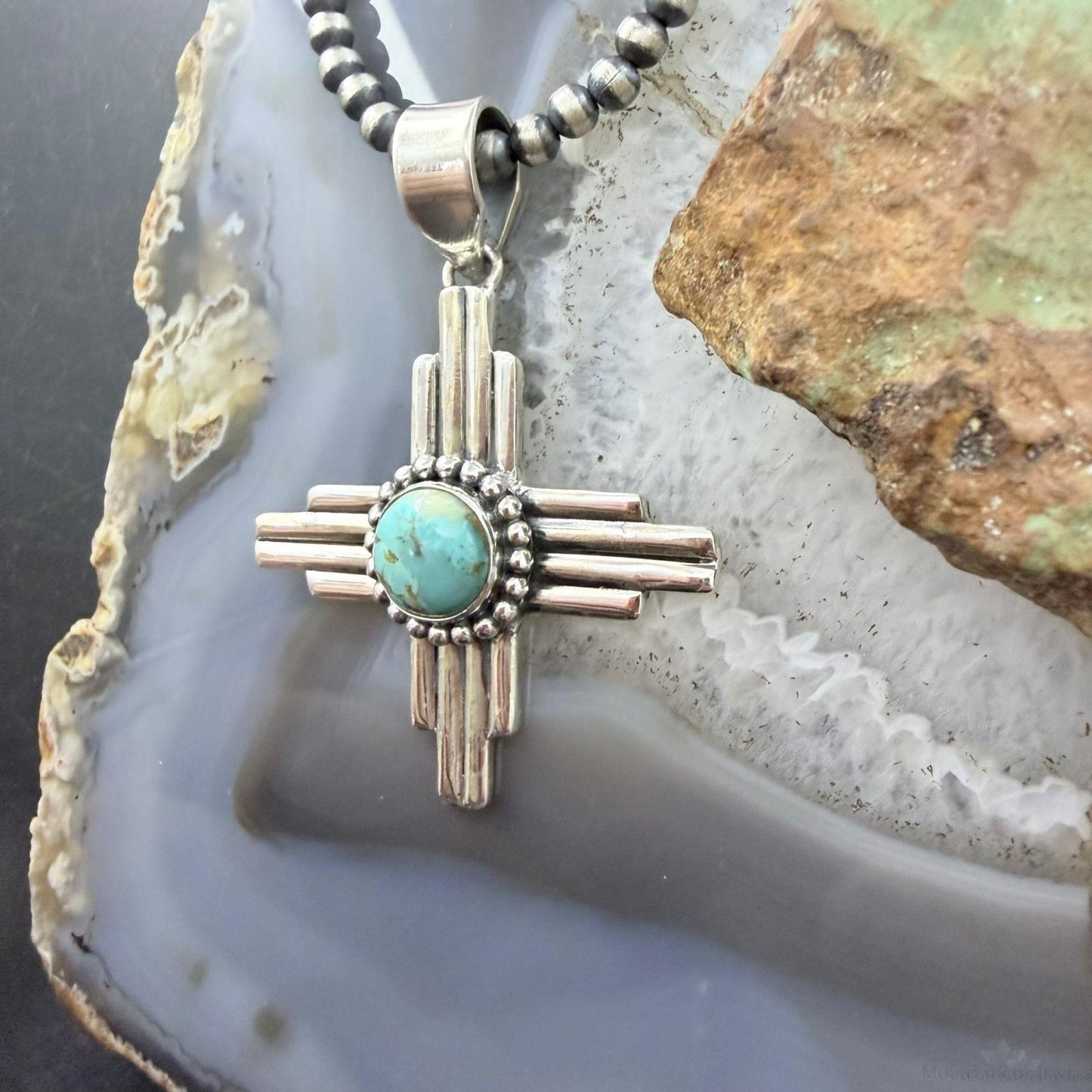 Sterling Silver Southwestern Style Rounded Turquoise Unisex Zia Pendant