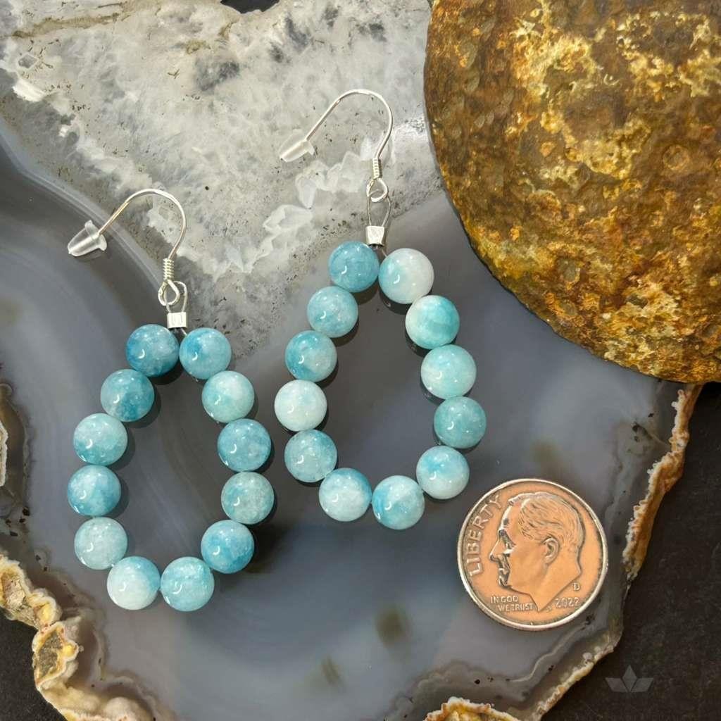Sterling Silver Larimar Beads Hoop Dangle Earrings For Women