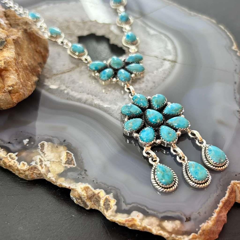 Sterling Silver Southwestern Style 25 Teardrop Turquoise Cluster 17" Necklace For Women