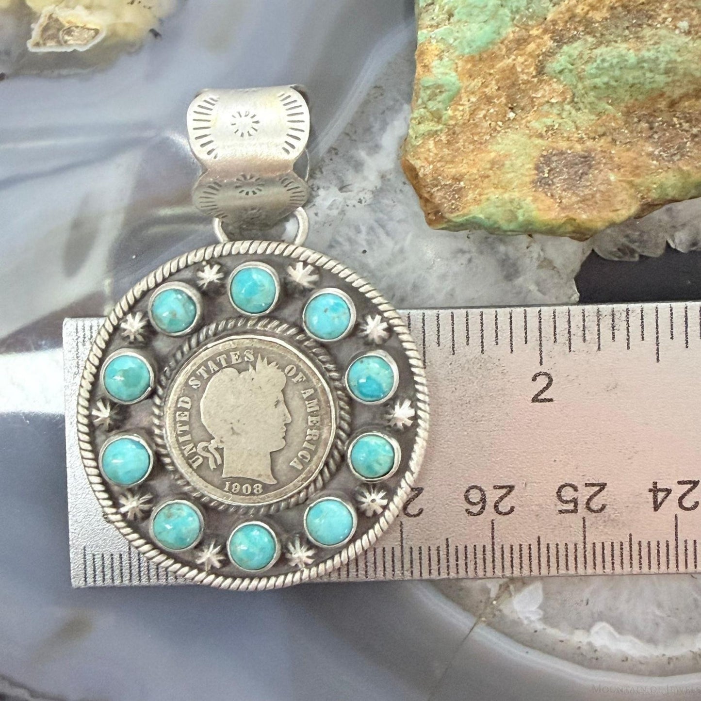 Genuine 1908 90% Silver Barber Head Dime Coin w/Mohave Turquoise Unisex Pendant