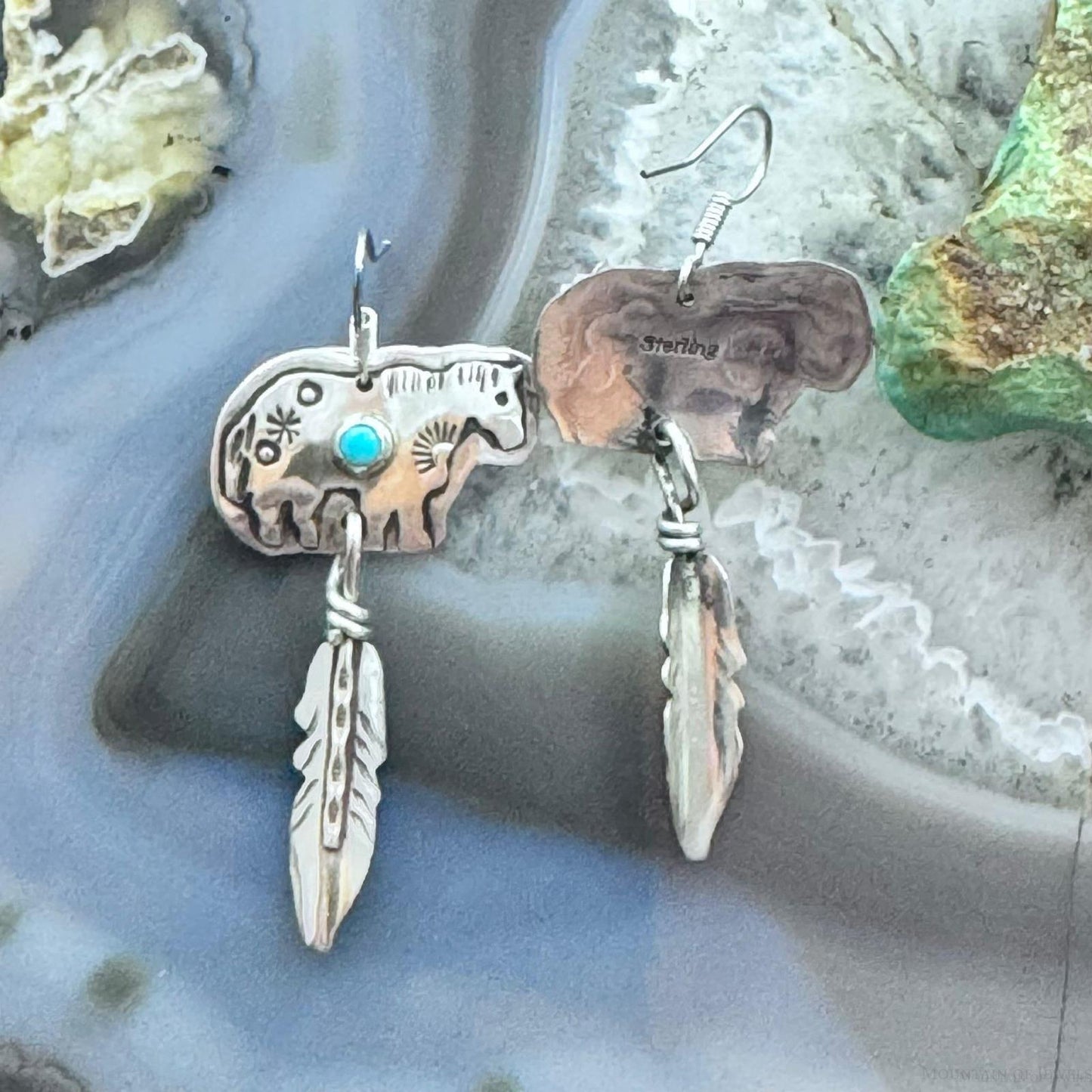 Native American Sterling Silver Horse w/Turquoise & Feather Dangle Earrings For Women