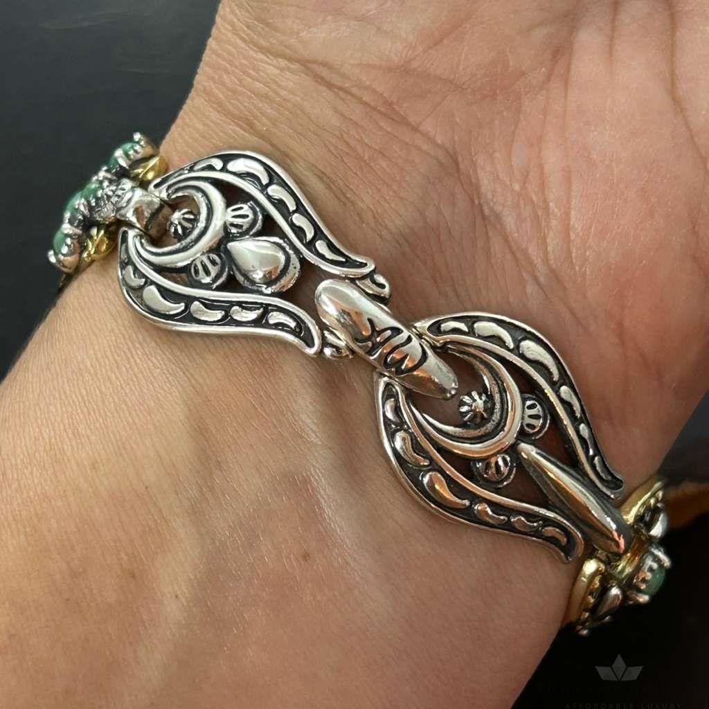 Carolyn Pollack Sterling Silver &Brass w/Green Turquoise Link Bracelet For Women