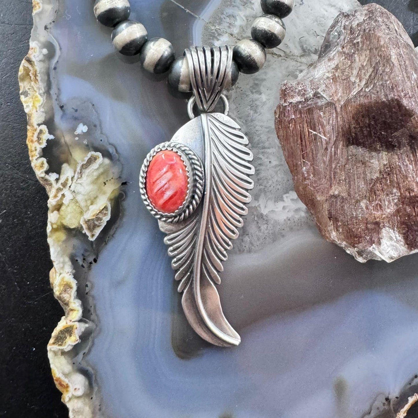 Native American Sterling Silver Orange Spiny Oyster Feather Pendant For Women