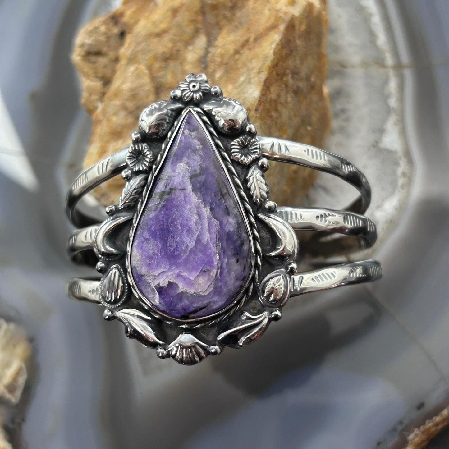 Sterling Silver Southwestern Style Large Teardrop Charoite Decorated Bracelet For Women