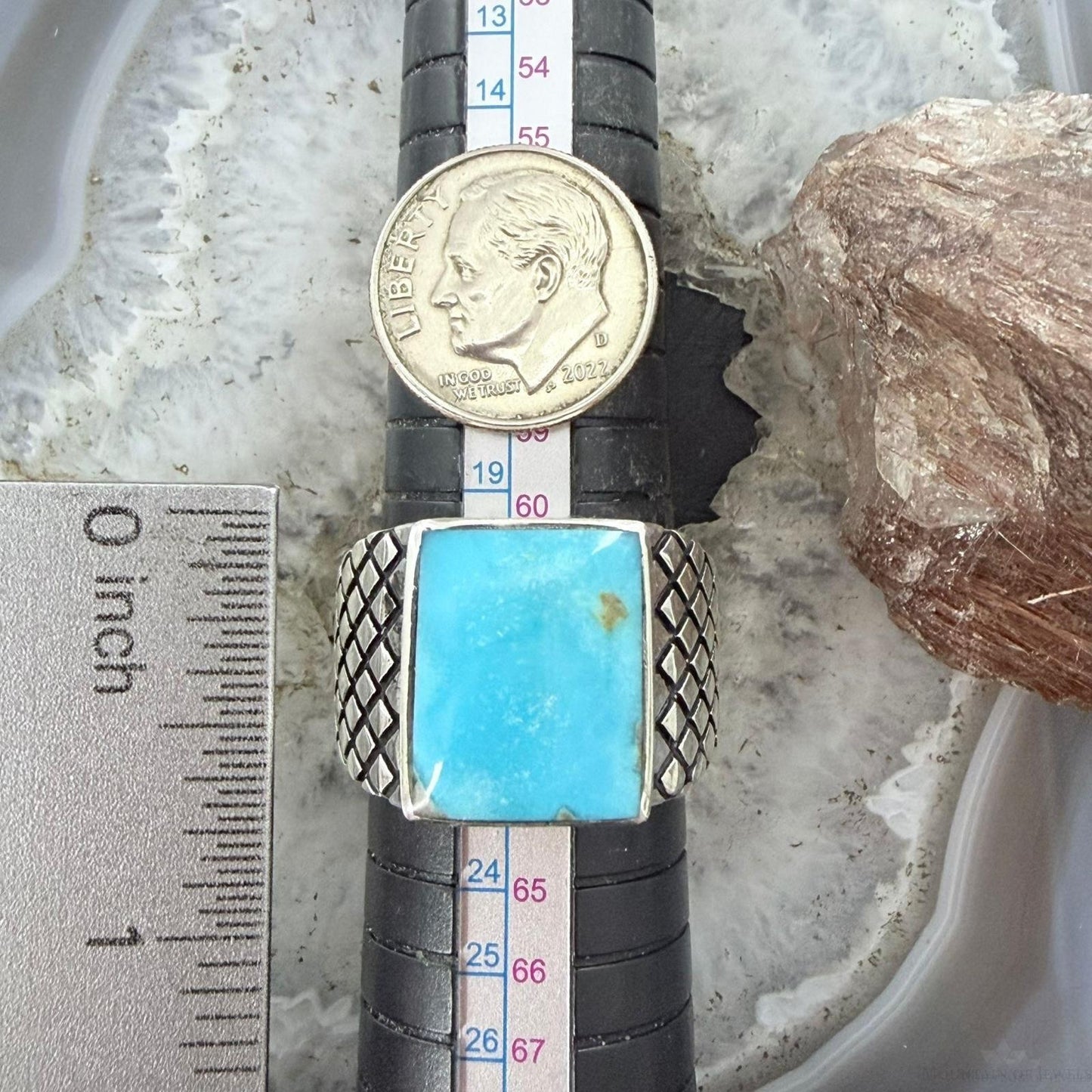 Native American Sterling Silver Rectangle Kingman Turquoise Decorated Ring Size 10 For Men