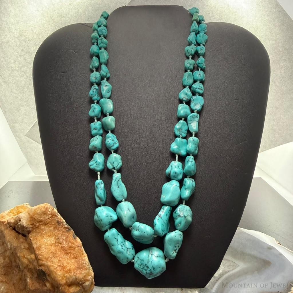 Vintage Silver Native American Graduated Rough Turquoise 18" Necklace For Women