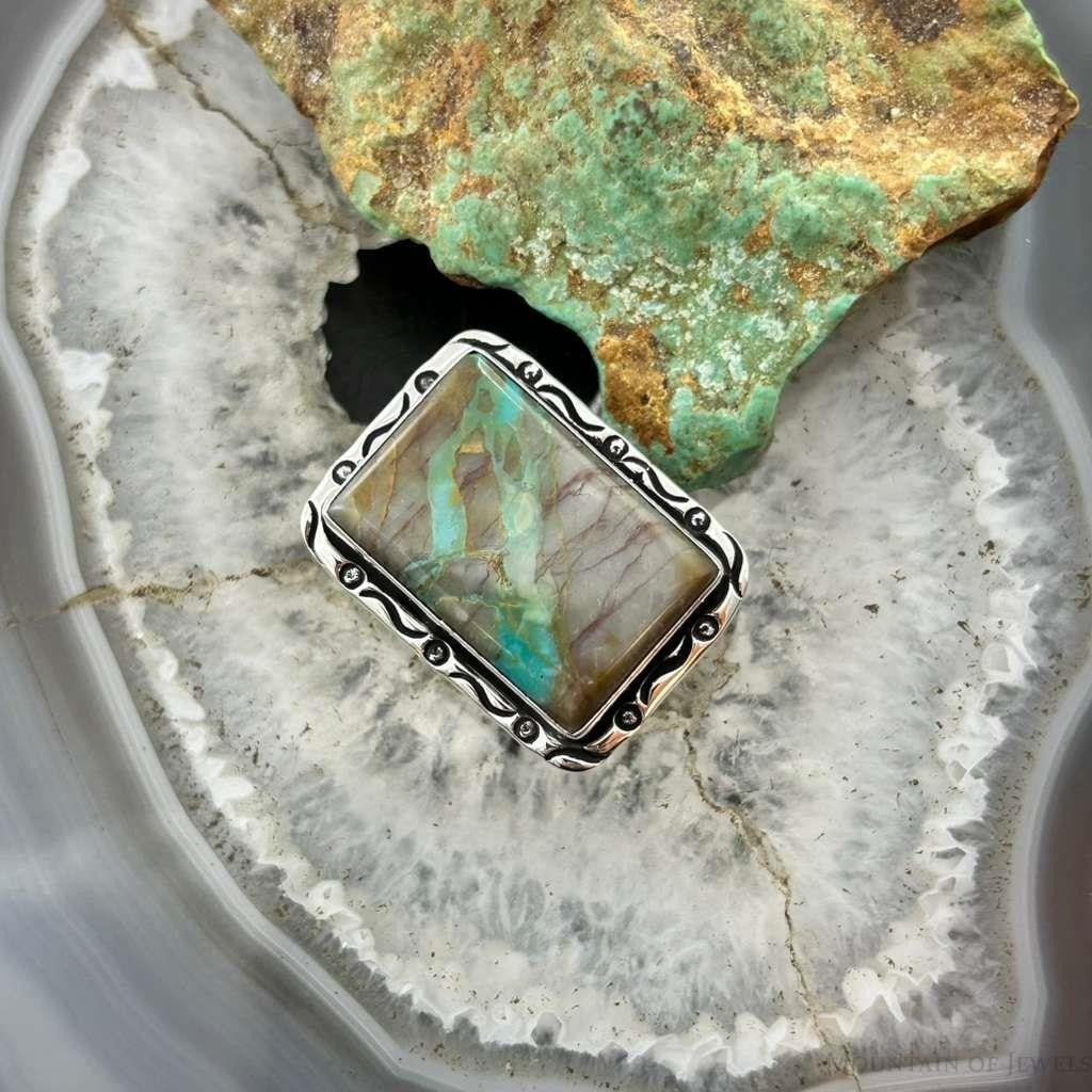 Native American Sterling Silver Rectangle Boulder Ribbon Turquoise Bar Ring Size 7.25 For Women