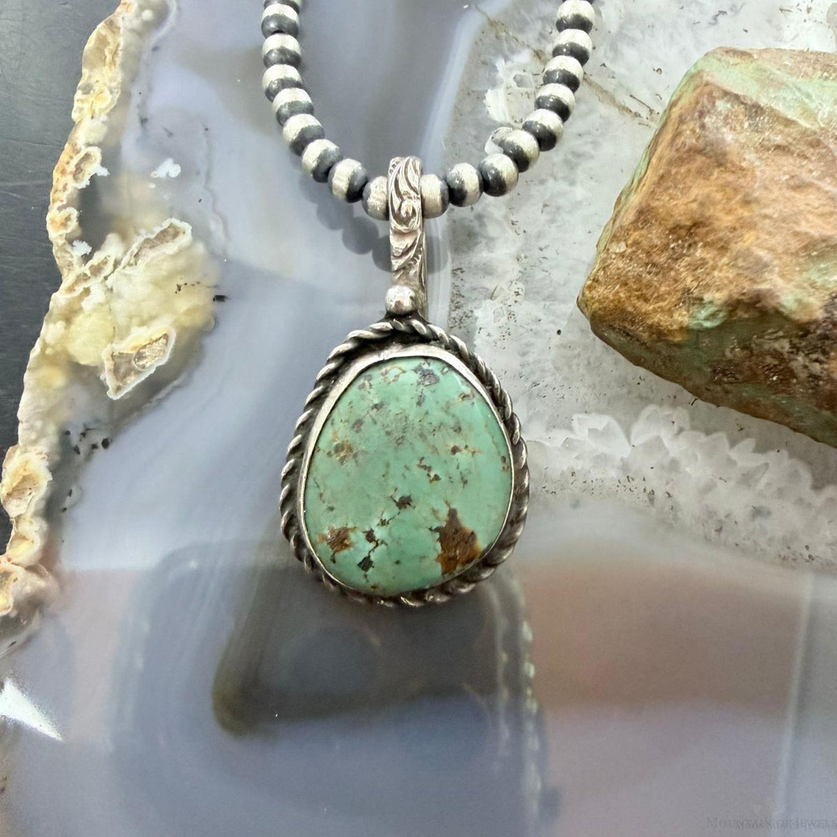 Vintage Sterling Silver Native American Green Turquoise Shepherd Hook Pendant