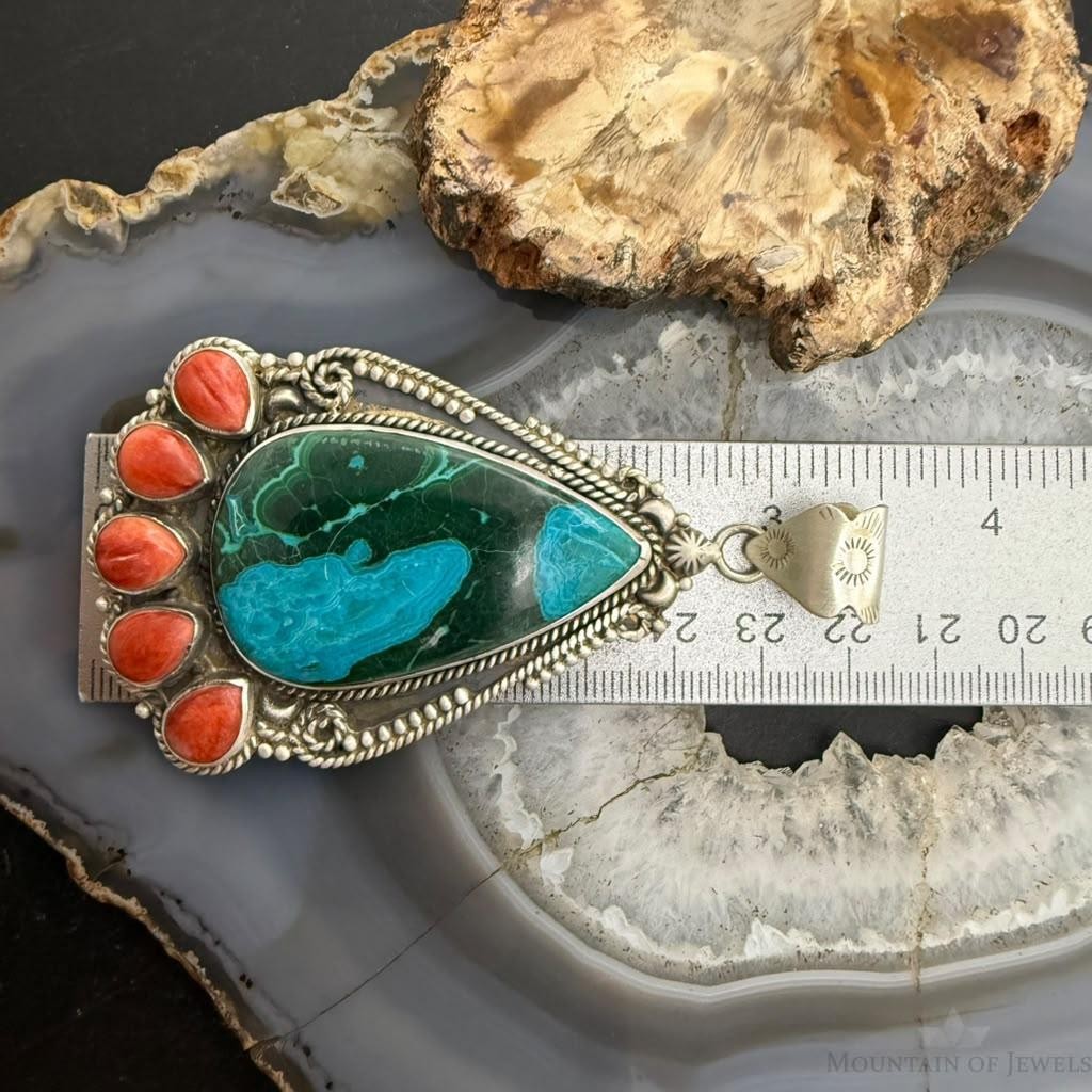 Sterling Silver Southwestern Style Teardrop Malachite Chrysocolla & Spiny Oyster Pendant For Women