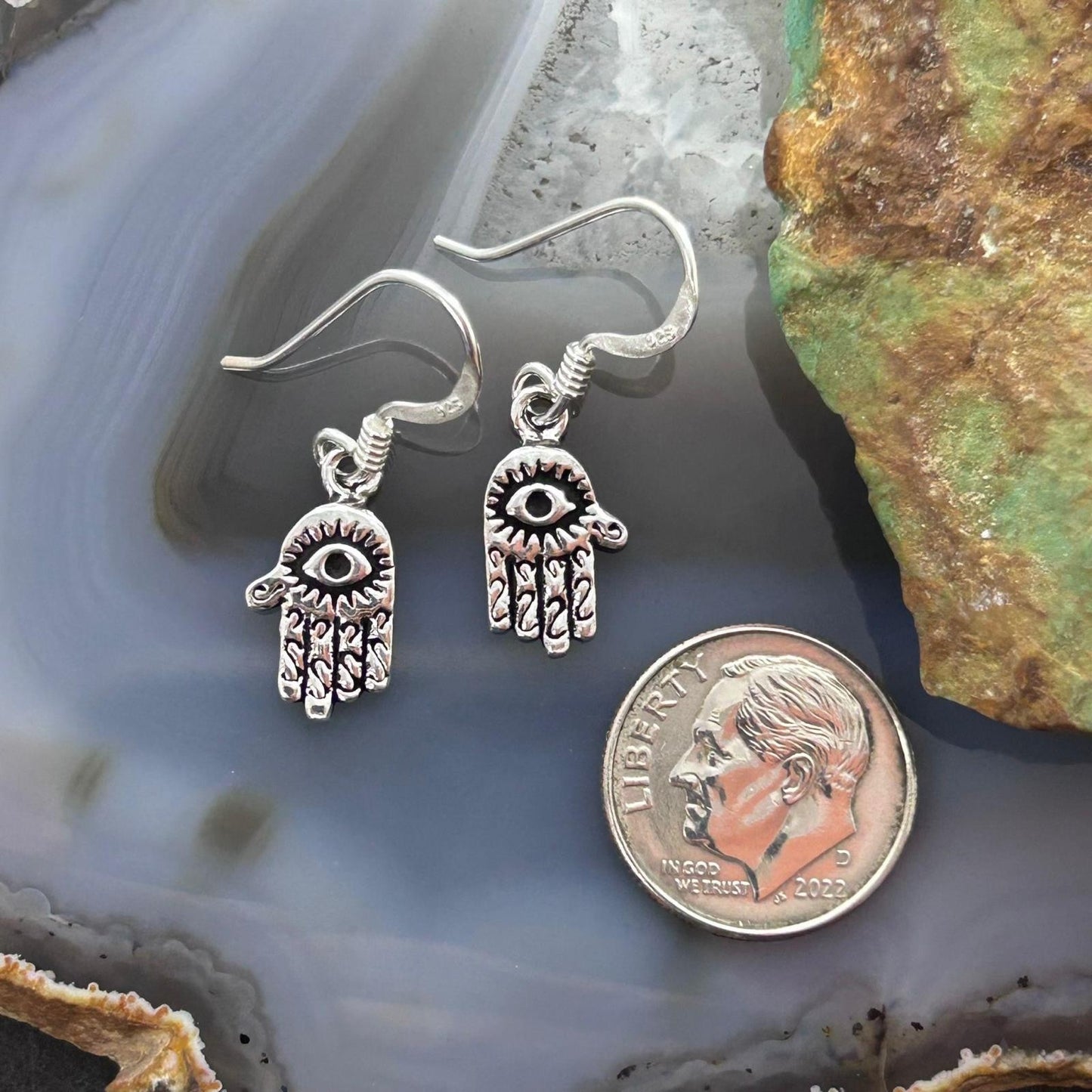 Sterling Silver Hamsa with Evil Eye Fashion Dangle Earrings For Women