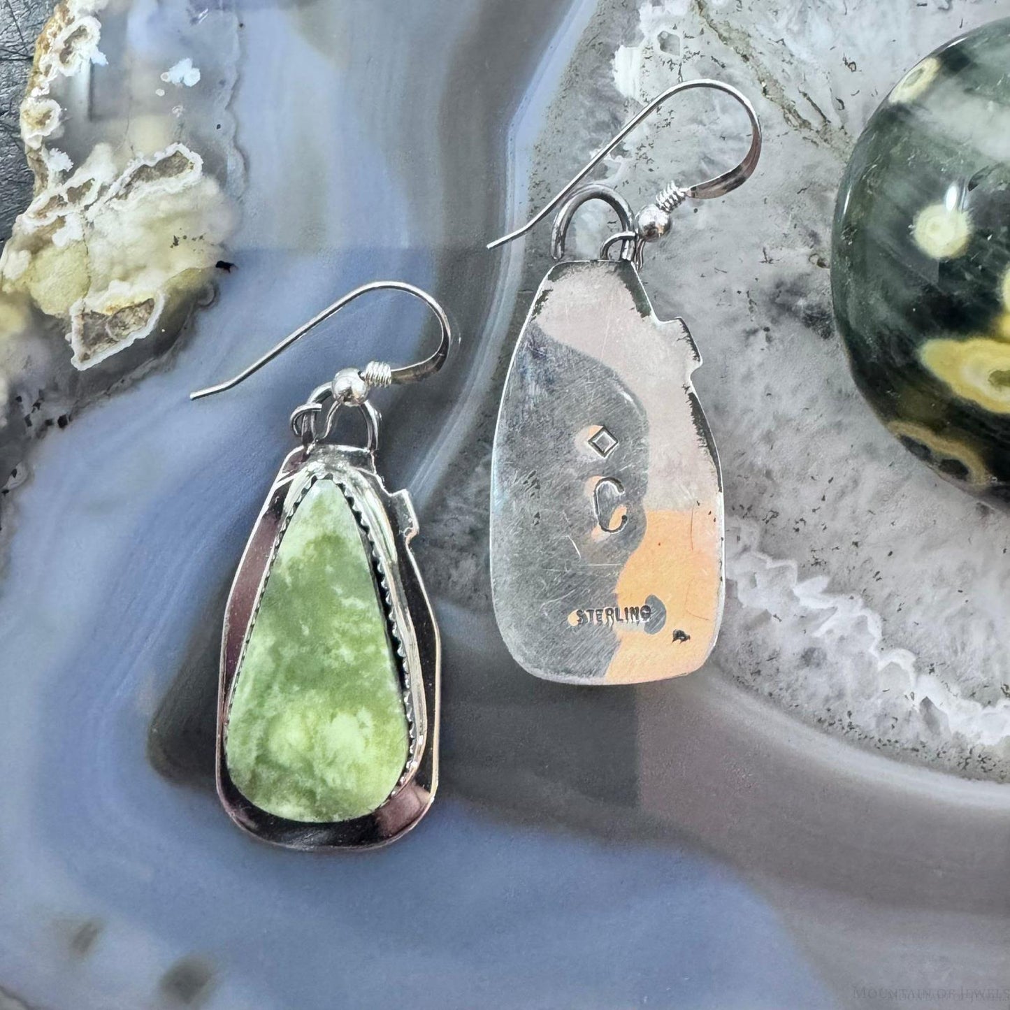 Frank Chavez Native American Sterling Silver Teardrop Serpentine Dangle Earrings For Women