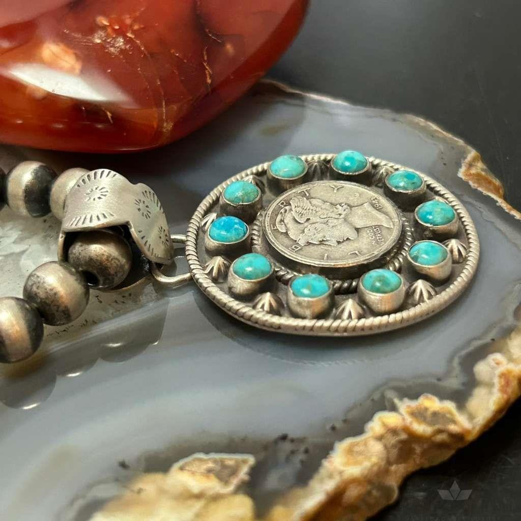 Genuine 1943 90% Silver Mercury Dime Coin Mohave Turquoise Unisex Pendant