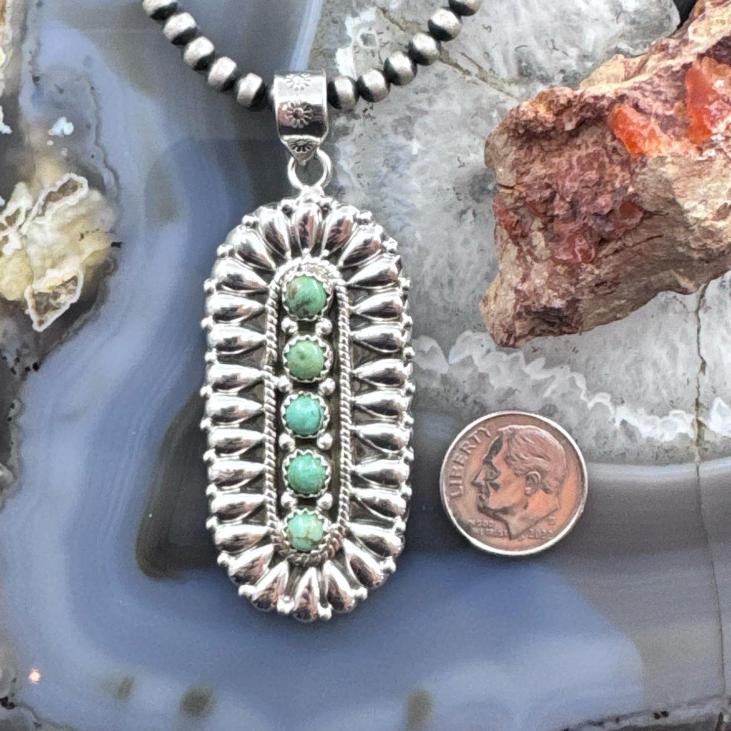 Sterling Silver Southwestern Style Turquoise &Silver Teardrop Cluster Pendant For Women