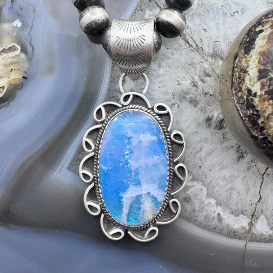 Sterling Silver Southwestern Style Oval Plume Doublet Agate Decorated Pendant For Woman
