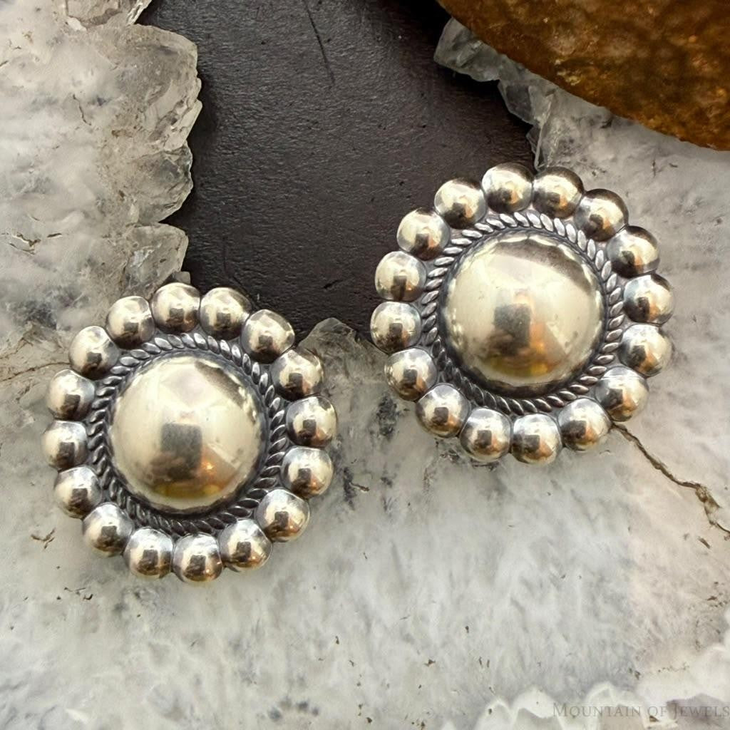 Native American Sterling Silver Round Dome Decorated Stud Earrings For Women #1