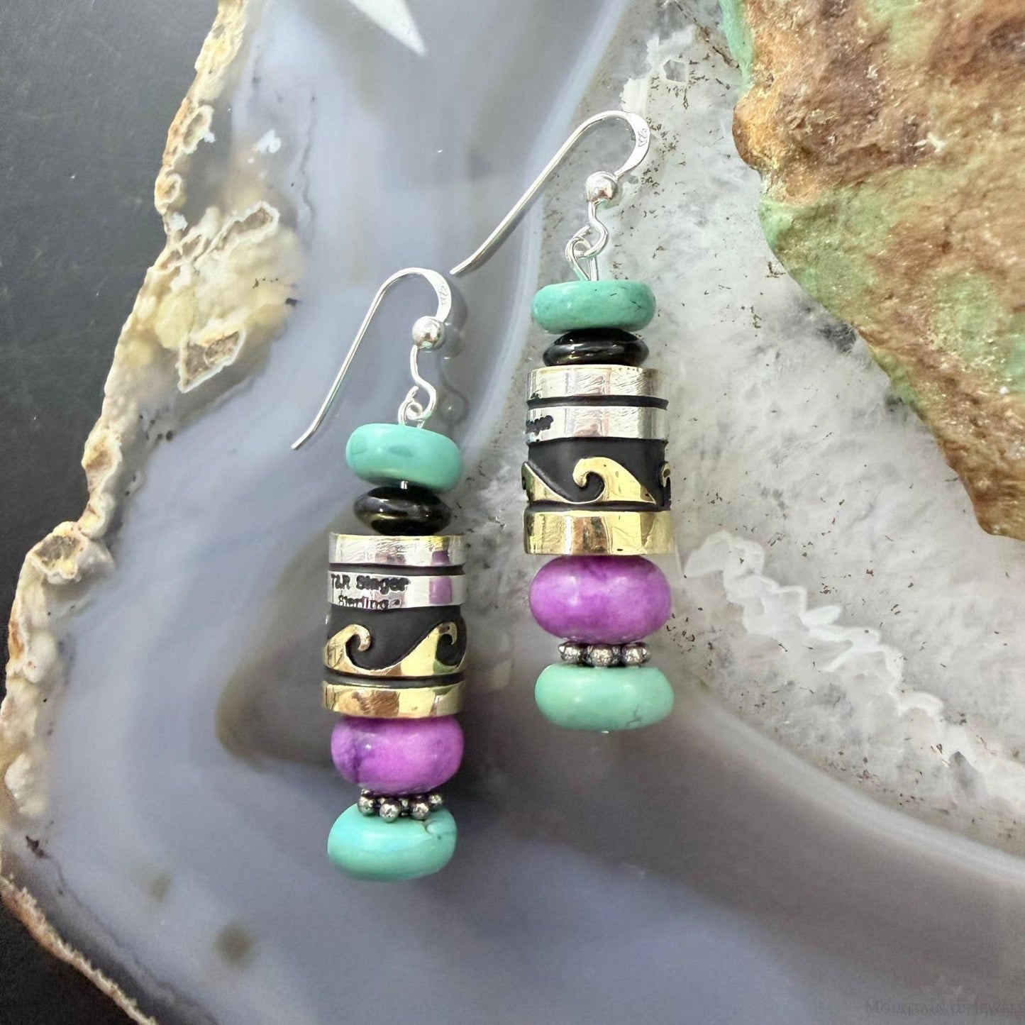 Tommy & Rosita Singer Sterling Silver Turquoise & Charoite Beads Dangle Earrings For Women