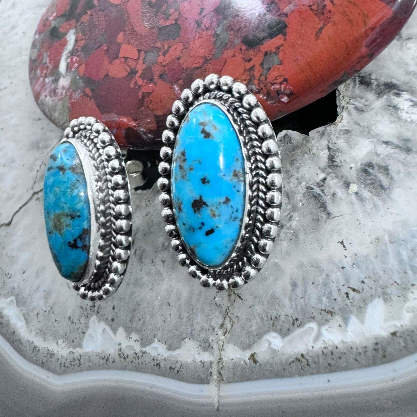 Native American Sterling Silver Oval Turquoise Decorated Post Earrings For Women