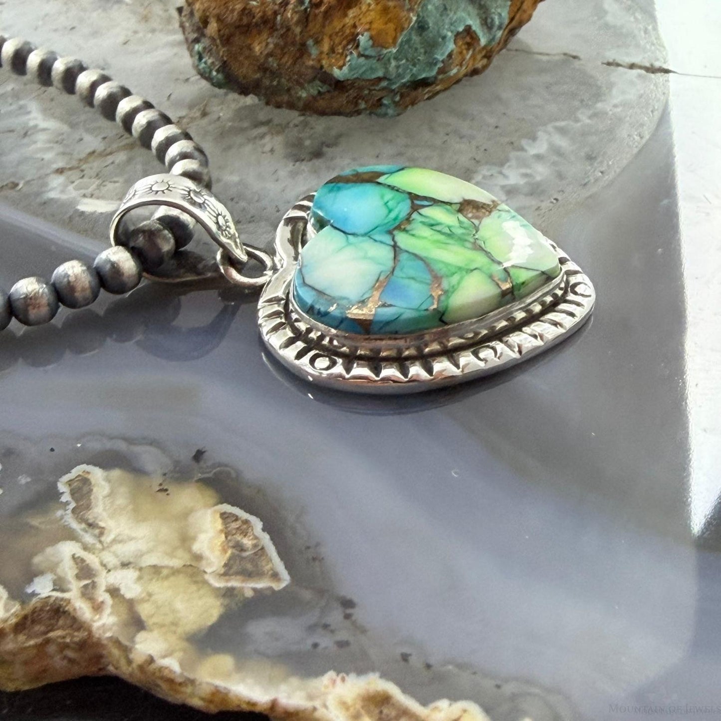 Sterling Silver Southwestern Style Mohave Green Turquoise Heart Pendant For Women