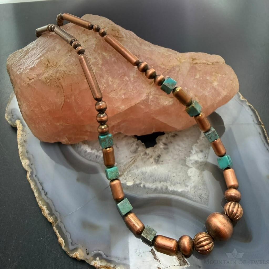 Southwestern Style Copper Navajo Pearl & Cylinder w/Turquoise Beads 20" Necklace For Women