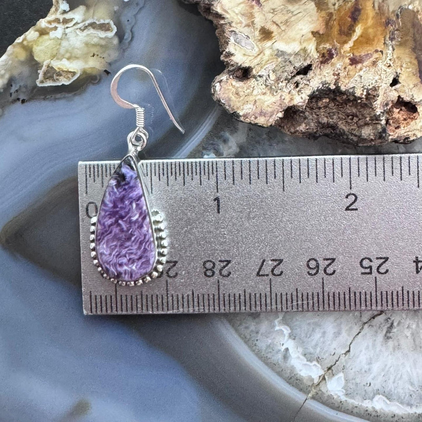 Sterling Silver Southwestern Style Teardrop Charoite Decorated Dangle Earrings For Women