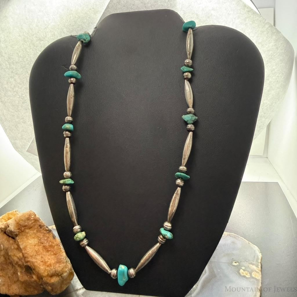 Vintage Native American Silver Navajo Pearl Bead & Turquoise Necklace For Women