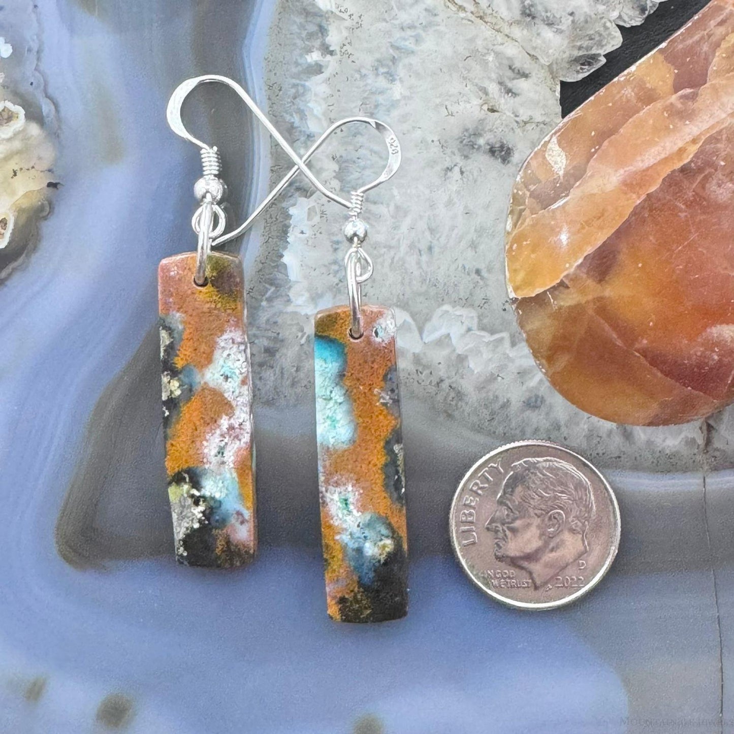 Sterling Silver Rectangle Chrysocolla Slab Dangle Earrings For Women #212