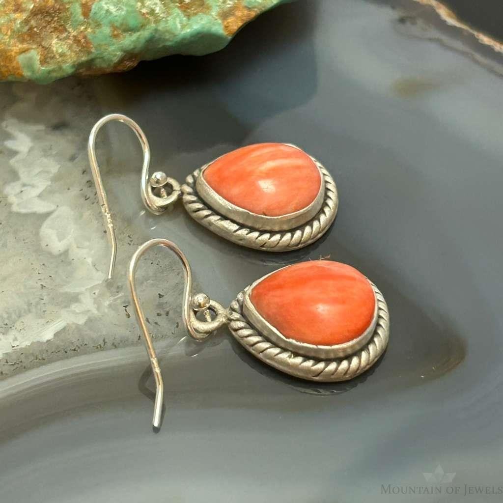 Sterling Silver Southwestern Style Teardrop Spiny Oyster Dangle Earrings For Women
