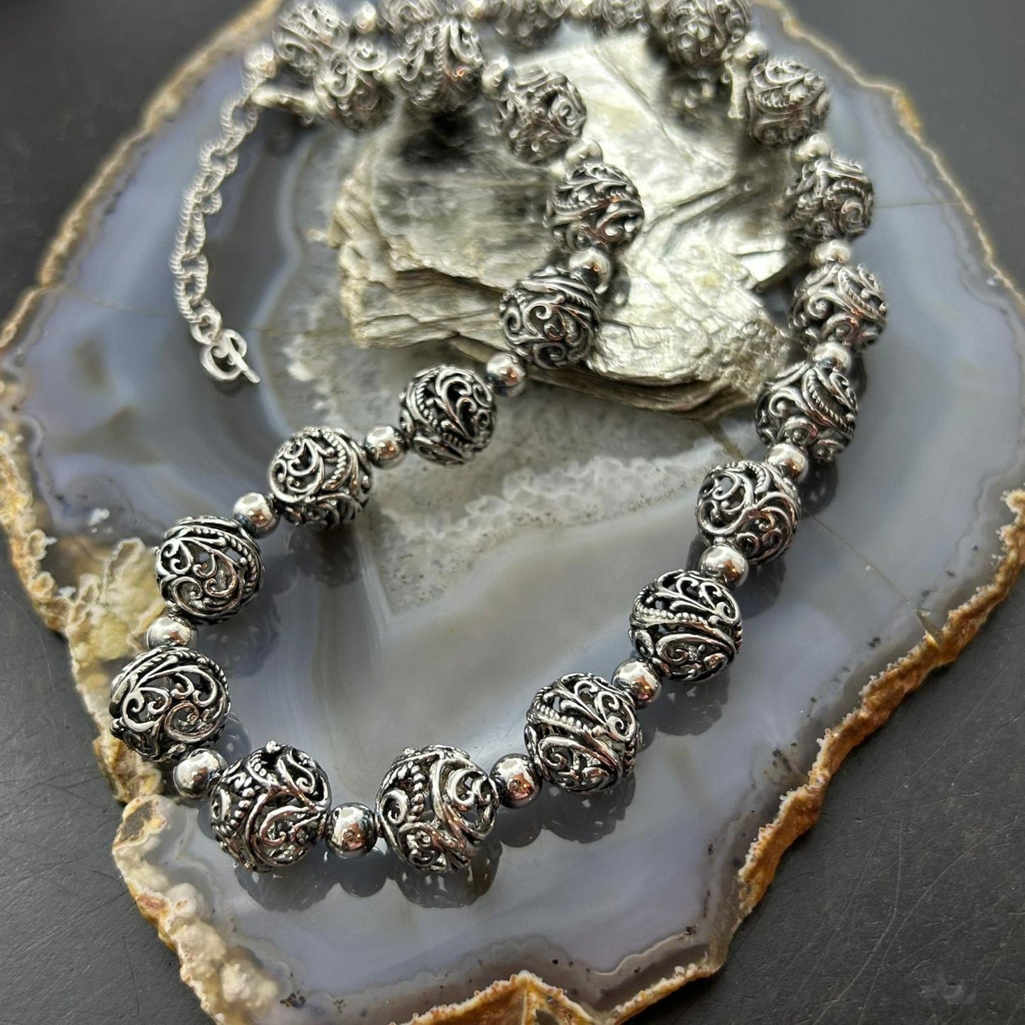 Carolyn Pollack Sterling Silver Decorated Swirl Hallow Beaded Necklace For Women