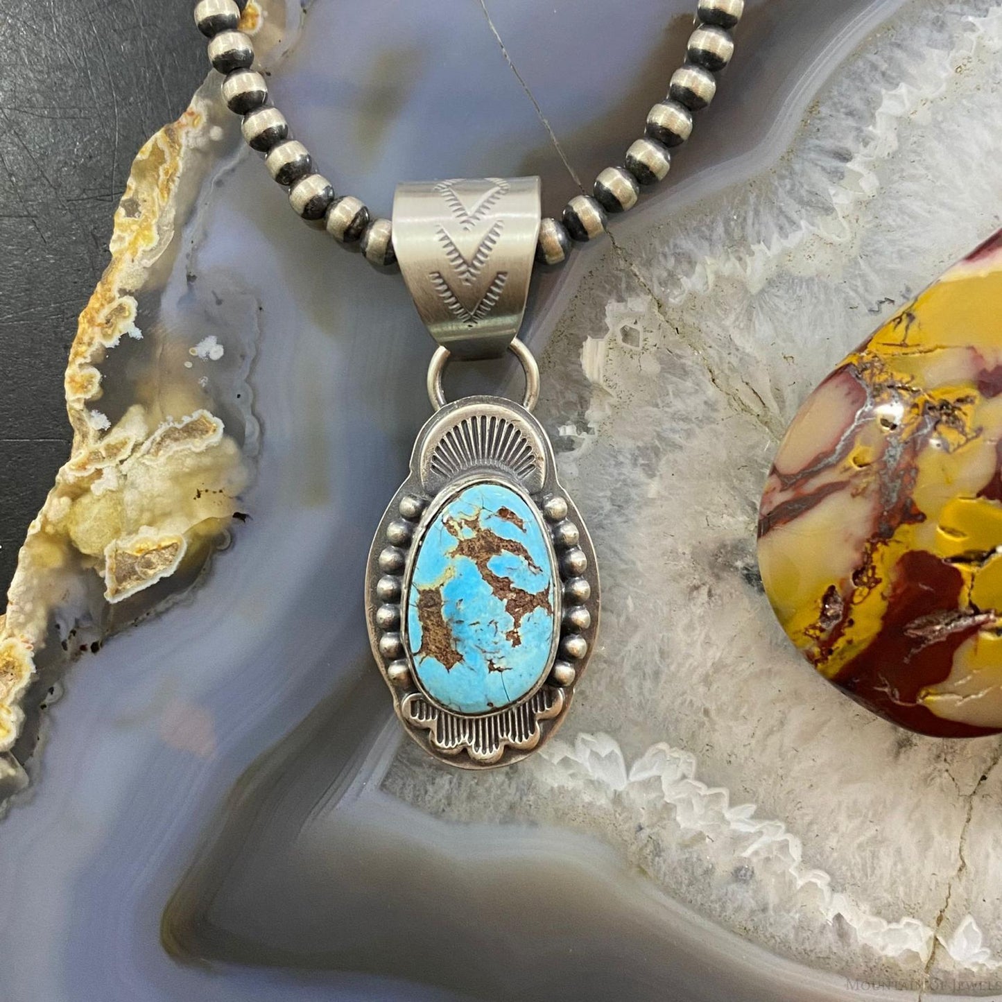 Native American Sterling Oval Kingman Turquoise Decorated Pendant For Women