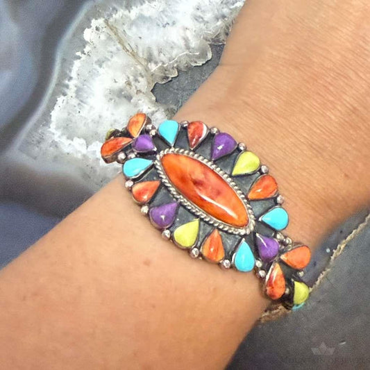Signed Vintage Native American Sterling Silver Multi Stone Cluster Bracelet For Women