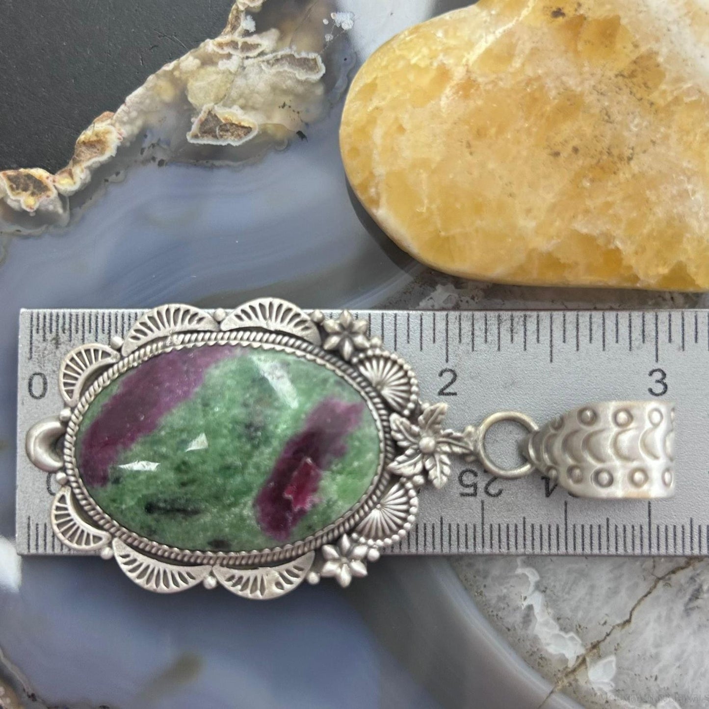 Sterling Silver Southwestern Style Oval Ruby Zoisite Decorated Pendant For Women