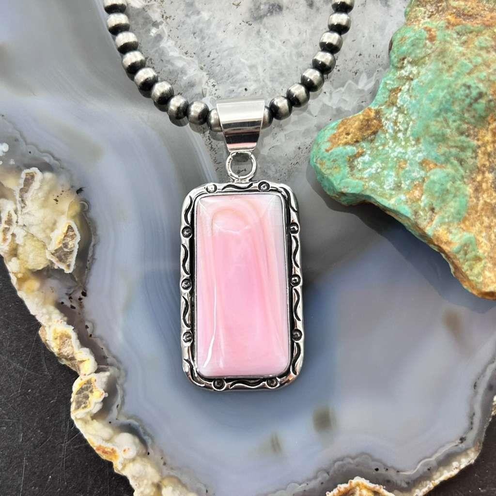 Native American Sterling Silver Rectangle Pink Conch Decorated Pendant For Women